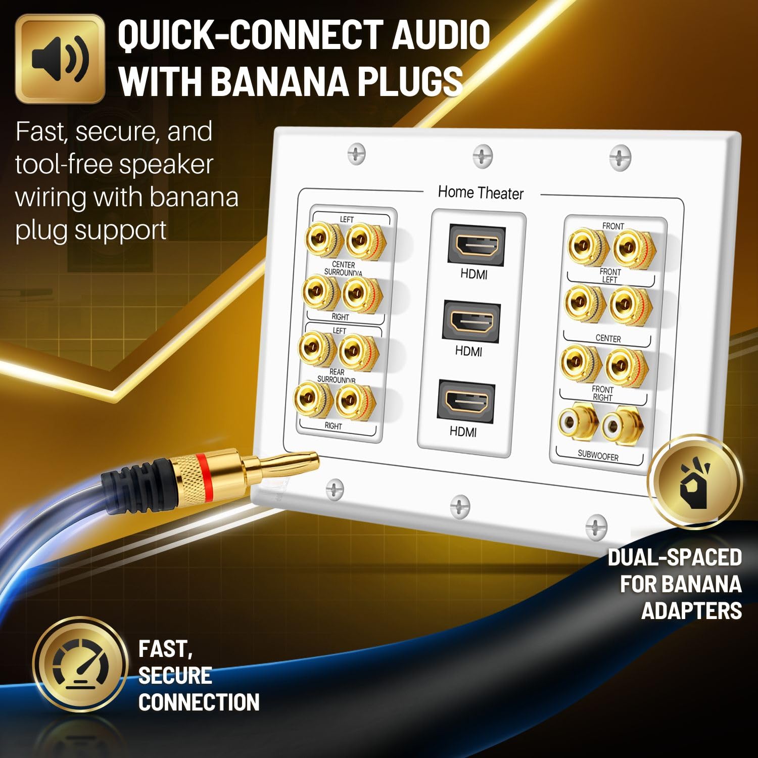 TNP Home Theater Wall Plate - 3-Gang 7.2 Surround Sound Distribution w/Premium Gold Plated Copper Banana Binding Post Coupler for 7 Speakers, 2 RCA Jack for Subwoofer, 3 HDMI Port for UHD 4K HD 1080P