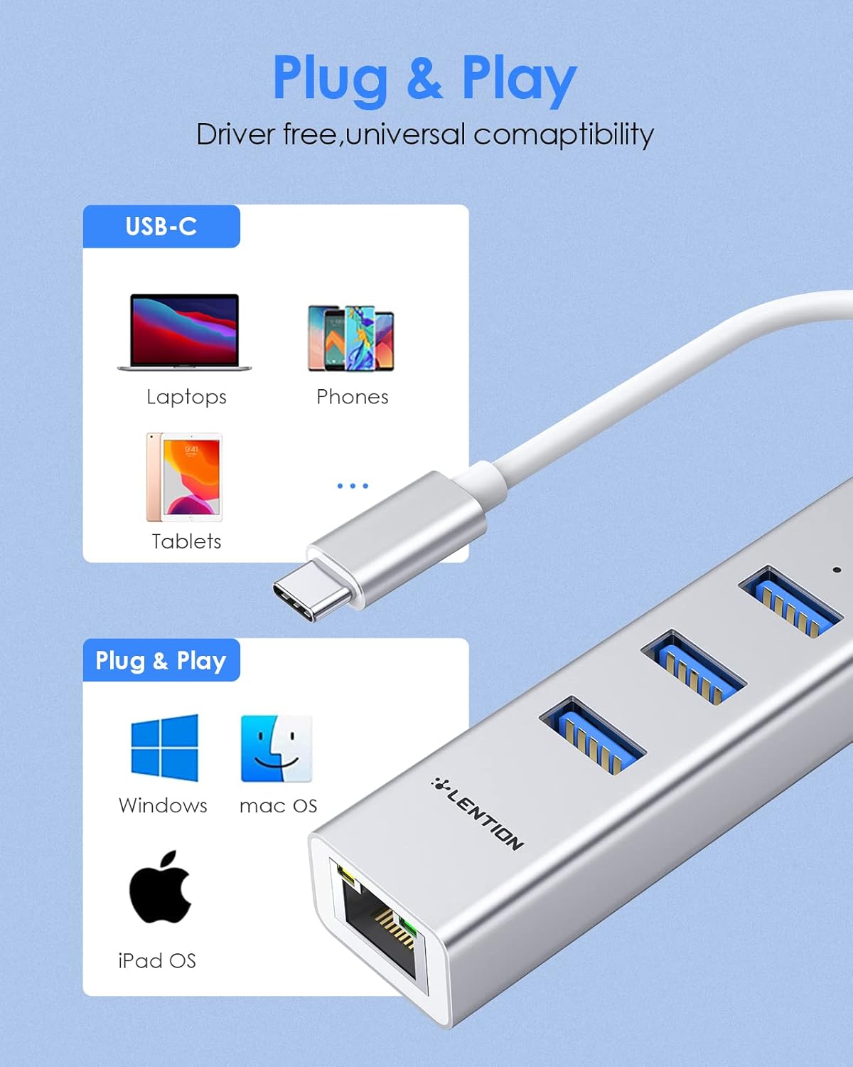 LENTION USB C Hub Ethernet Adapter, 3 USB 3.0 Ports, RJ45 Network Connector for 2023-2016 MacBook Pro, New Mac Air/iPad Pro, Chromebook, More, Stable Driver Certified (CB-C23s, Silver) image 7 of 8 B076PJR67N