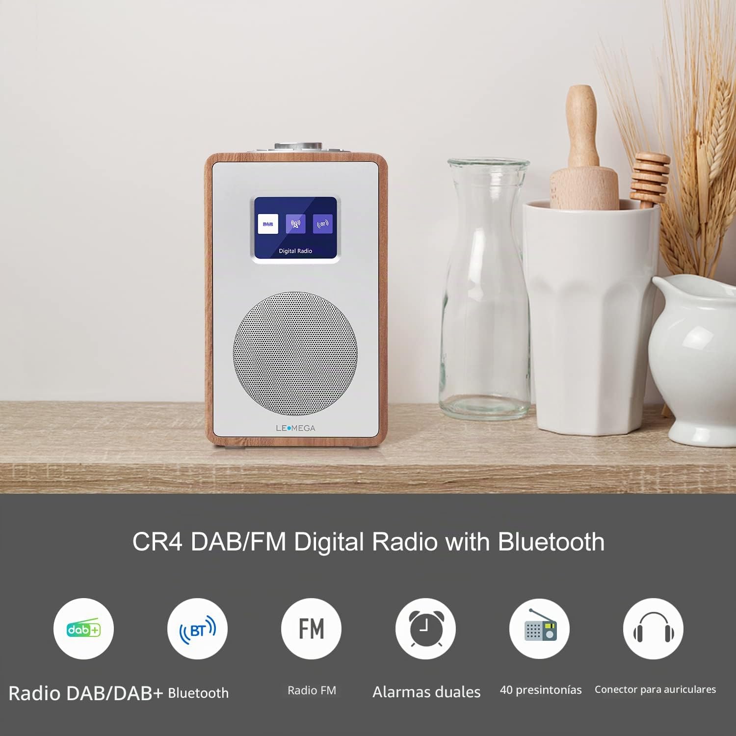 LEMEGA CR4 Radio Dab/Dab+/FM, Bluetooth, Pantalla Color,Nogal