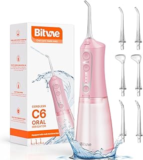 Bitvae C6 Water Dental Flosser Teeth Picks, Portable Cordless Oral Irrigator, IPX7 Waterproof Braces Flossers Cleaner, 5 intensities 6 Jet Tips, Rechargeable Water Dental Picks for Cleaning, Pink