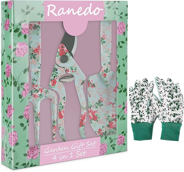Ranedo Gardening Gifts, Garden Tools Set with Floral Pattern, Gardening Gloves, Hand Tool Gift Kit, Outdoor Gardening Transplanting Tools for Gardener, Birthday for Mum Women Green
