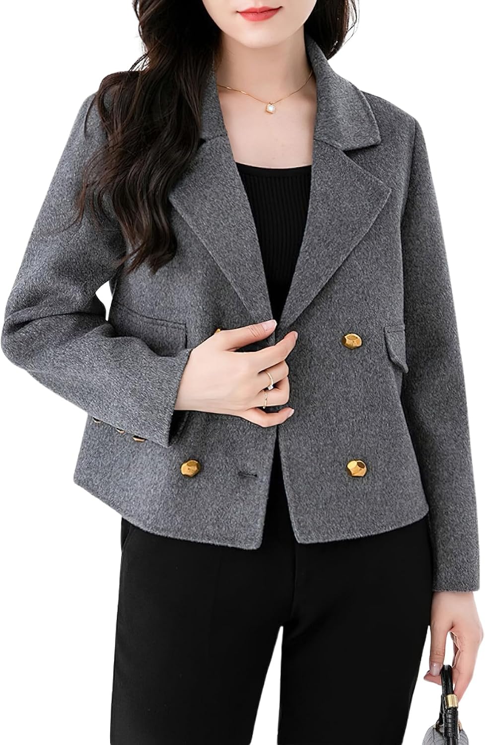 chouyatou Women's Business Casual Crop Wool Coat Double Breasted Dressy Short Blazer Jacket Pea Coat