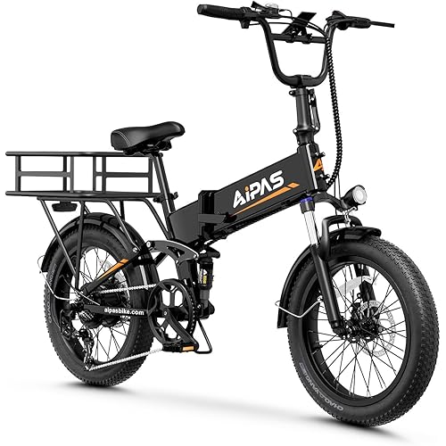 Aipas F3 Electric Bike for Adults with 1500W Motor Peak,48V12.8Ah Removable Battery Max 62 Miles 28MPH,20" x 3.0 Fat Tire Folding Electric Bike with 7-Speed and Full Suspension with Rear Basket