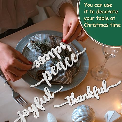 Miniatura 2 de 12 piezas de Navidad con recorte de madera con recorte de madera con texto en inglés "Joyful Merry Thankful Grateful Blessed Peace Gather", letrero