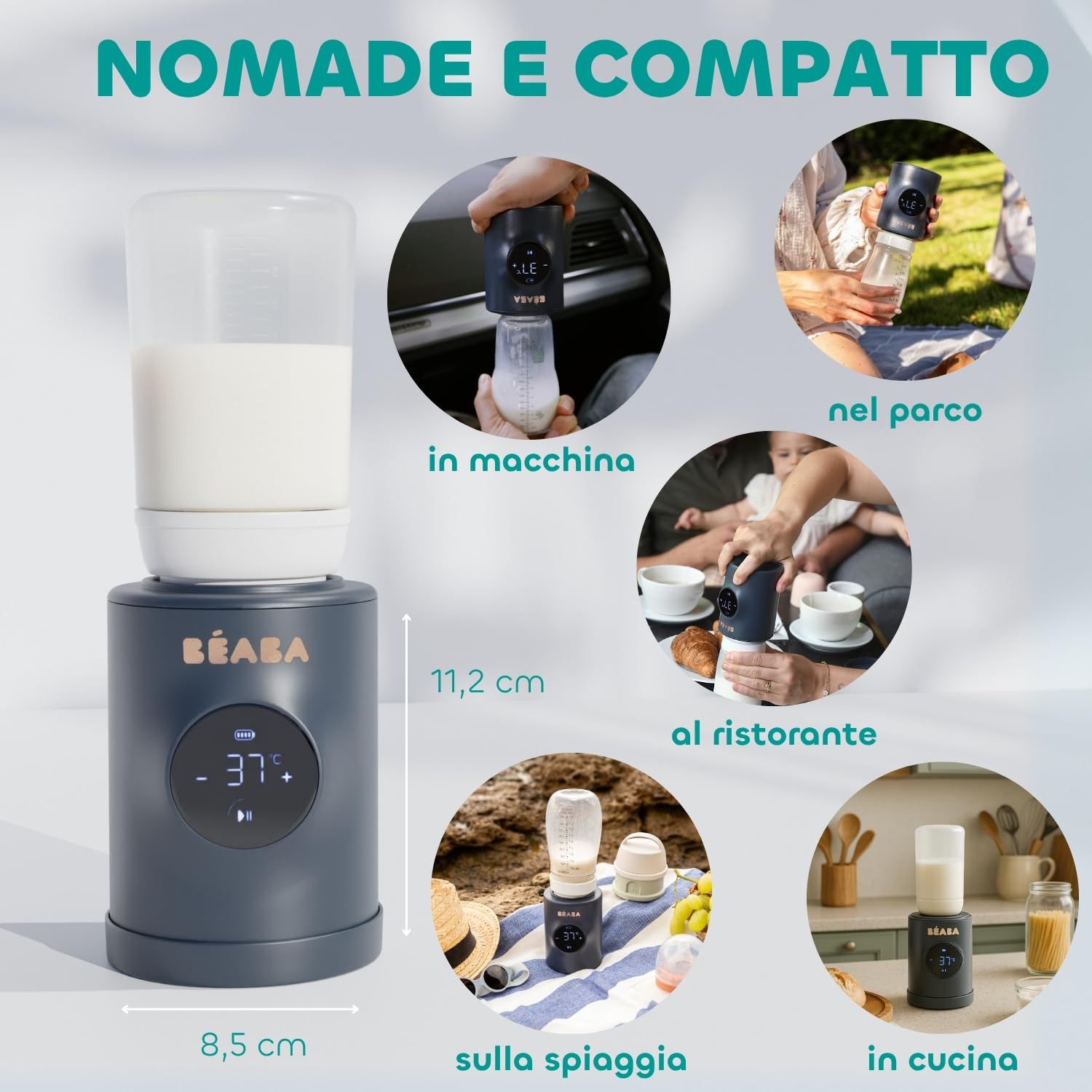 BÉABA - Milk Nomad - Scaldabiberon Nomad ultraveloce a batteria - Riscalda in -3 minuti, temperatura regolabile (21-49°C), miscelatore brevettato No-Scum, USB-C, compatto e compatibile con i biberon