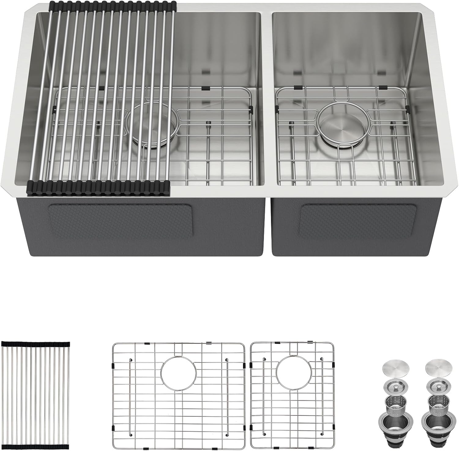 36"x19" Undermount 60/40 Double Bowl Kitchen Sink, 16 Gauge Stainless Steel Under Counter Sink with Strainer & Roll-Up Drying Rack, Round Corners