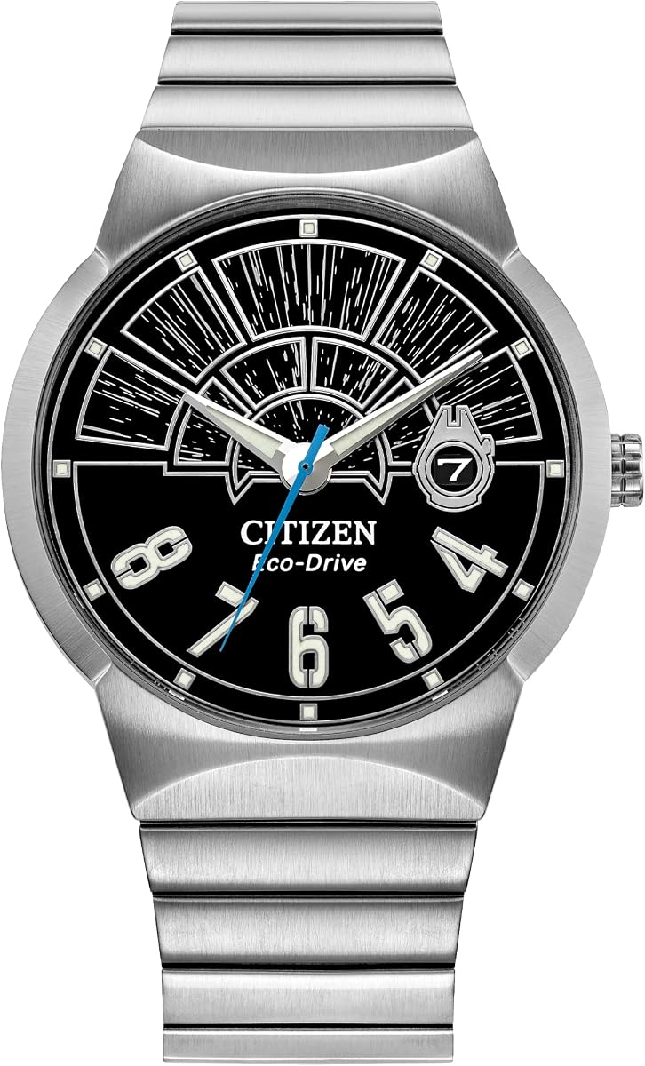 Citizen Eco-Drive Star Wars, esfera negra Millennium Falcon, reloj de pulsera de acero inoxidable plateado con 3 manecillas (BM7581-59W)