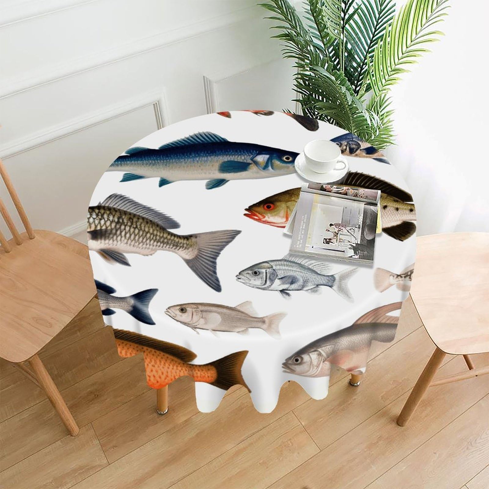 FekiLoot Different Fish Round Tablecloth Cover 60 Inch Wrinkle Free Washable Polyester Fabric Table Cover Decorative Round Table Cloth for Home Dining Kitchen Party Farmhouse