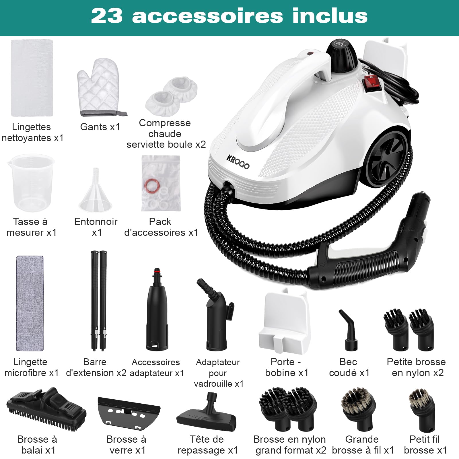 Nettoyeur vapeur multi-usages avec 23 accessoires, pour enlever le papier peint, le sol, les tapis, le canapé, les meubles rembourrés, la voiture, le carrelage, le rembourrage, la salle de bain