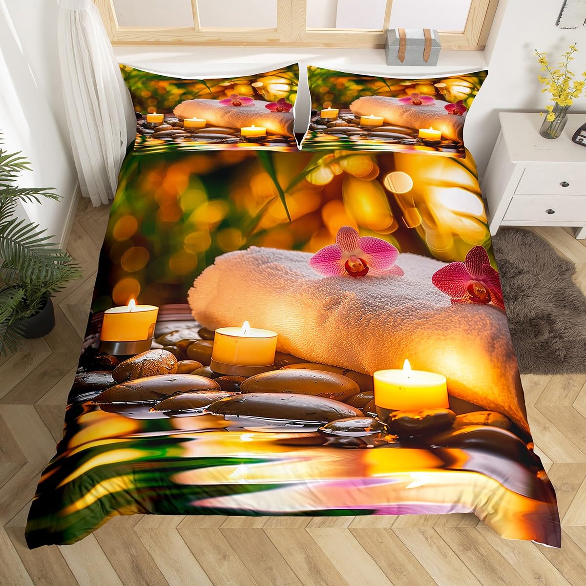 Zen Spa Bedding Set Twin Size for Kids Boys Bedroom,Spa Still Life Bed Duvet Cover Set,Aromatic Candles Comforter Cover Meditation Decor 2 Pieces 1 Duvet Cover with 1 Pillowcase No Comforter
