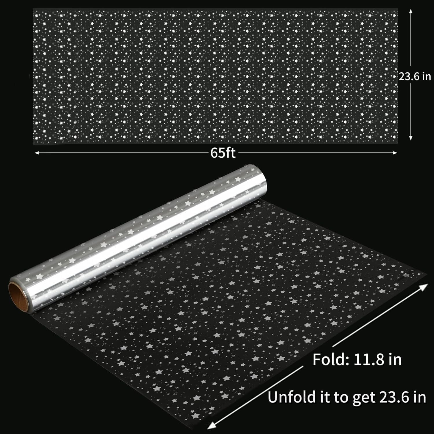GWHOLE Clear Cellophane Wrap Roll, 65 Ft x 23.6 in Star Pattern Cellophane Wrap Clear Wrapping Paper for Gift Baskets Flowers Treats Wine (Width 23.6" folded into 11.8")