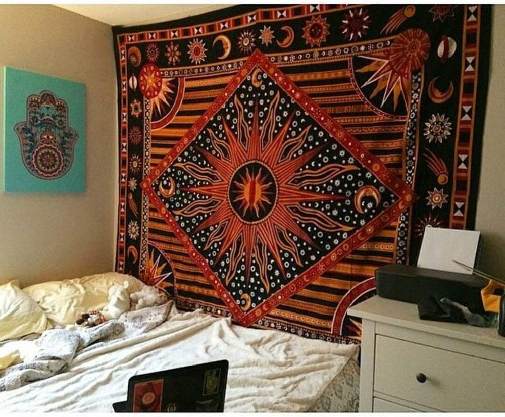 Hippie Mandala Sun and Moon Maditation Poster Wall Hanging Tapestry For Bedroom Indian Golden Burning Sun Stars Psychedelic Popular Mystic Beach Blanket 54 x 60 Inch