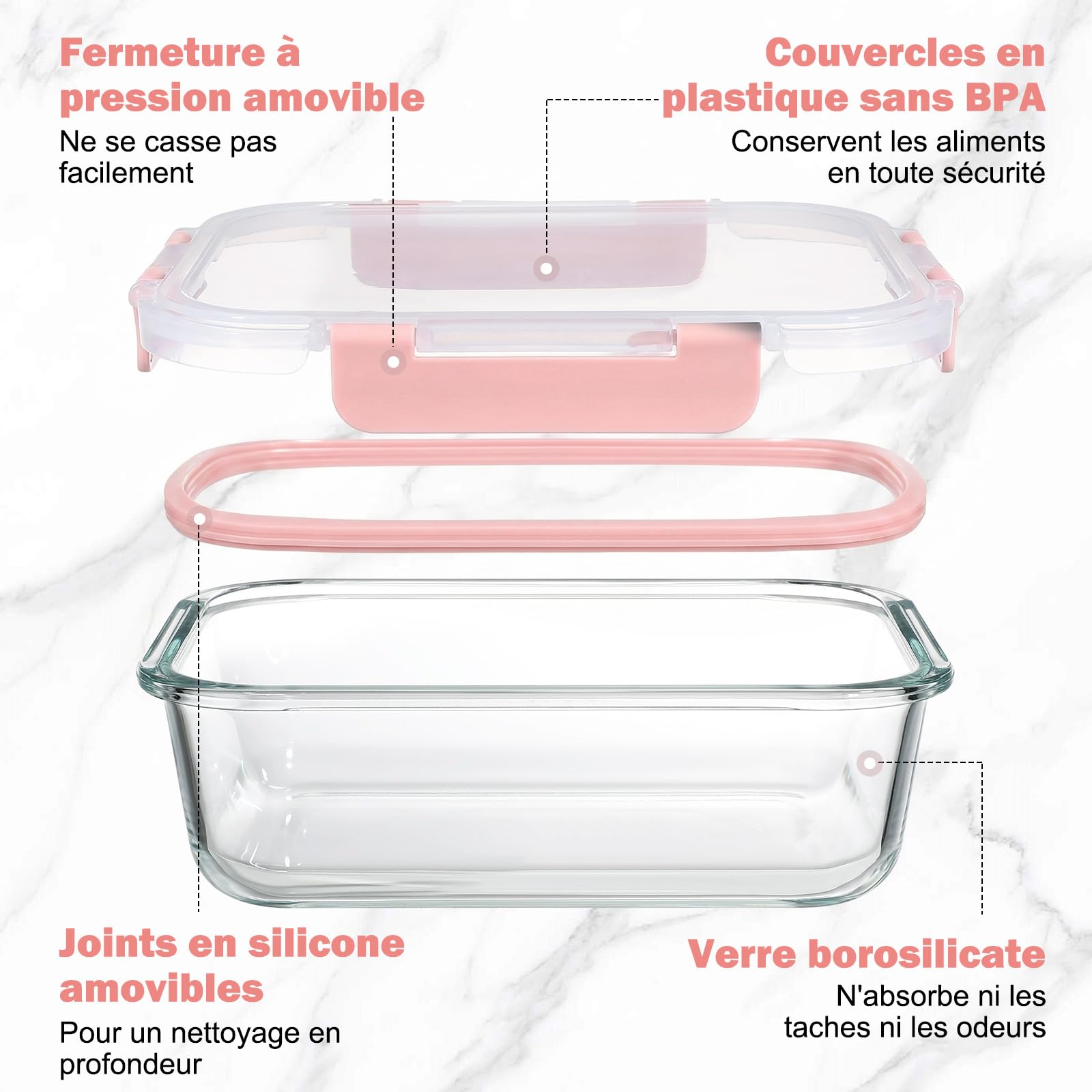 YASHE Set of 12 Reusable Glass Lunch Boxes with Airtight Lids - BPA Free, Microwave, Oven, Dishwasher, Freezer, Pink