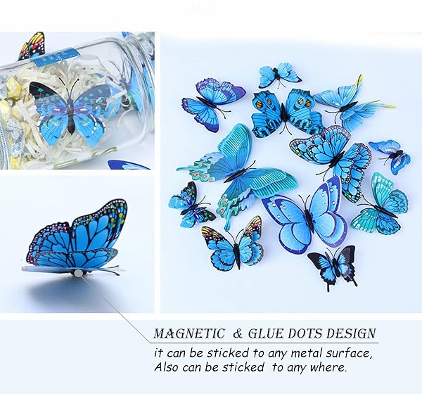 Butterfly Wall Decor 24/48 PCS, 3D Butterflies Stickers for Party Decorations with Magnets(Blue, 24) - 4