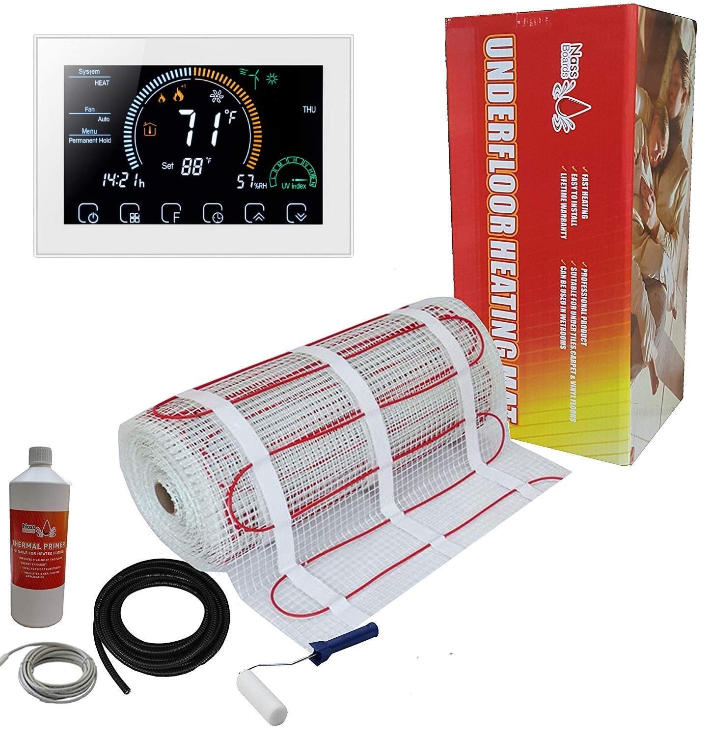 Nassboards Premium Pro Electric Underfloor Heating mat kit 200w per m² - Red Box (1m², White Beca Smart Thermostat)