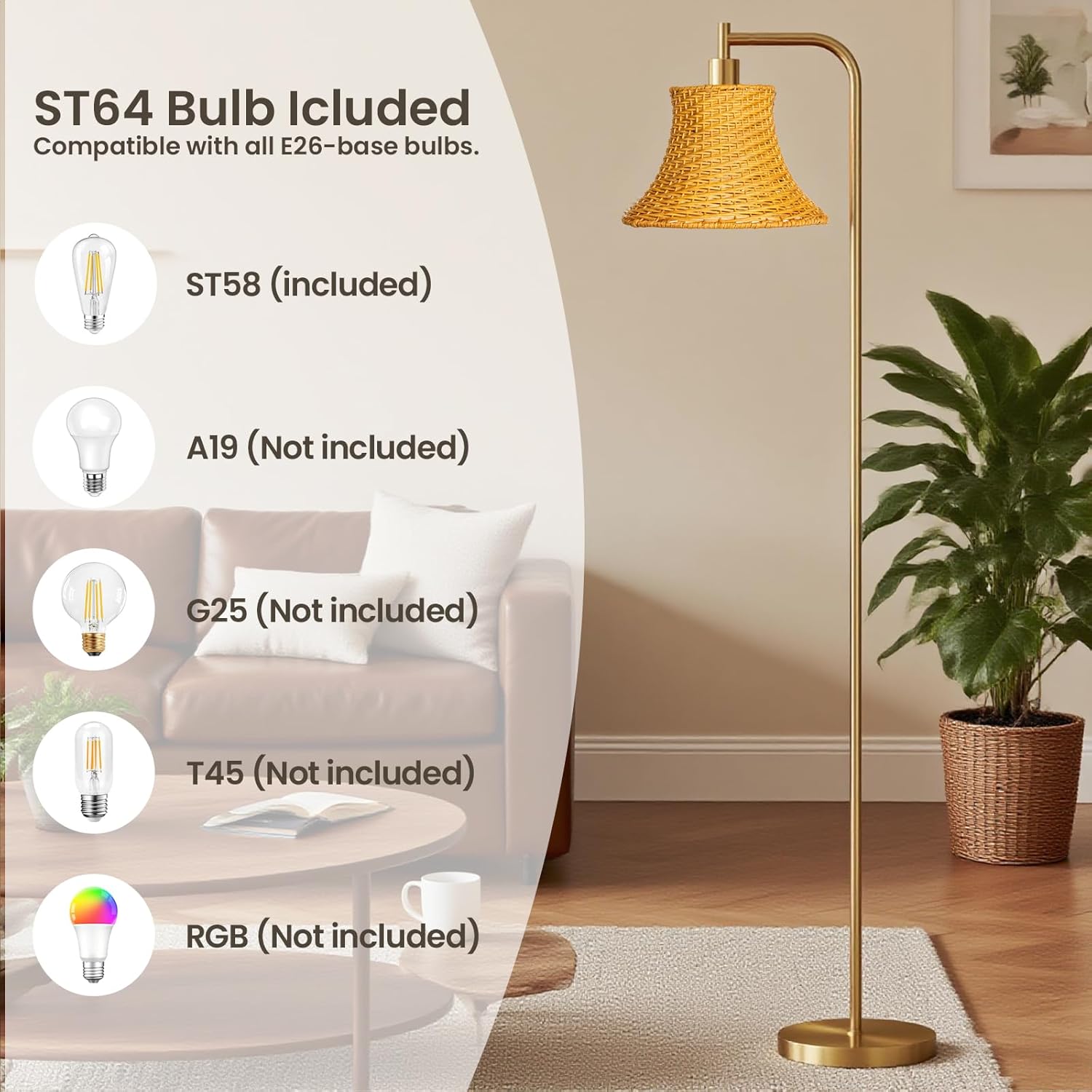 Glass Floor Lamp,67" Modern Standing Lamp with Sunset Grapefruit Glass Lampshade Metal Pole for Living Room, Bedroom, Office - Heavy Base,Pedal Switch (Include Bulb) (Bamboo)