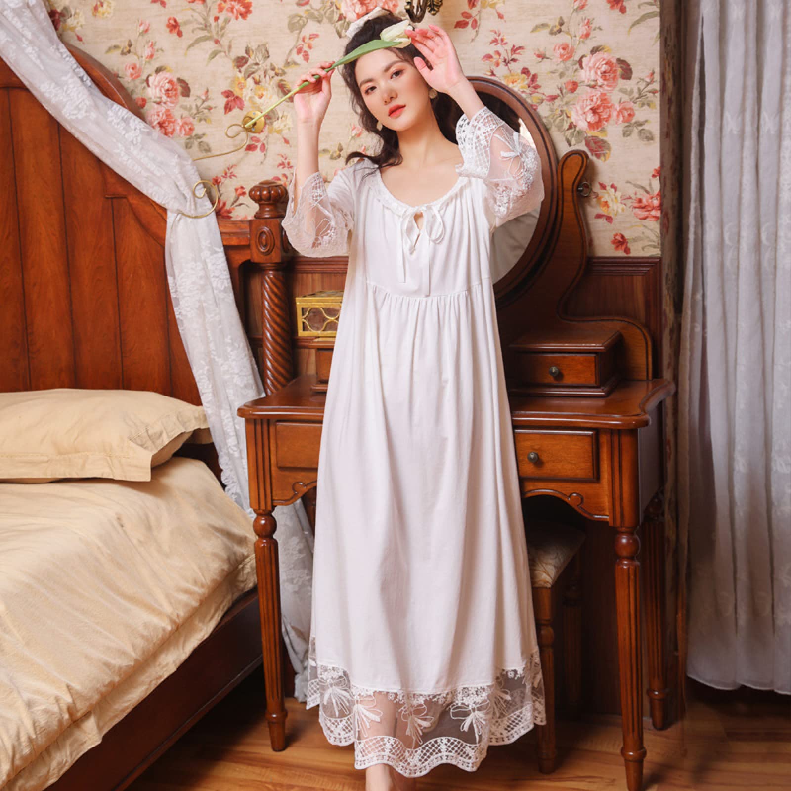 OFFSUM Camisón De Pijama De Mujer - Encaje Jacquard Algodón Ropa De Dormir Dulce Princesa Camisón Elegante Vintage Camisón Boda Primavera Verano Loungewear