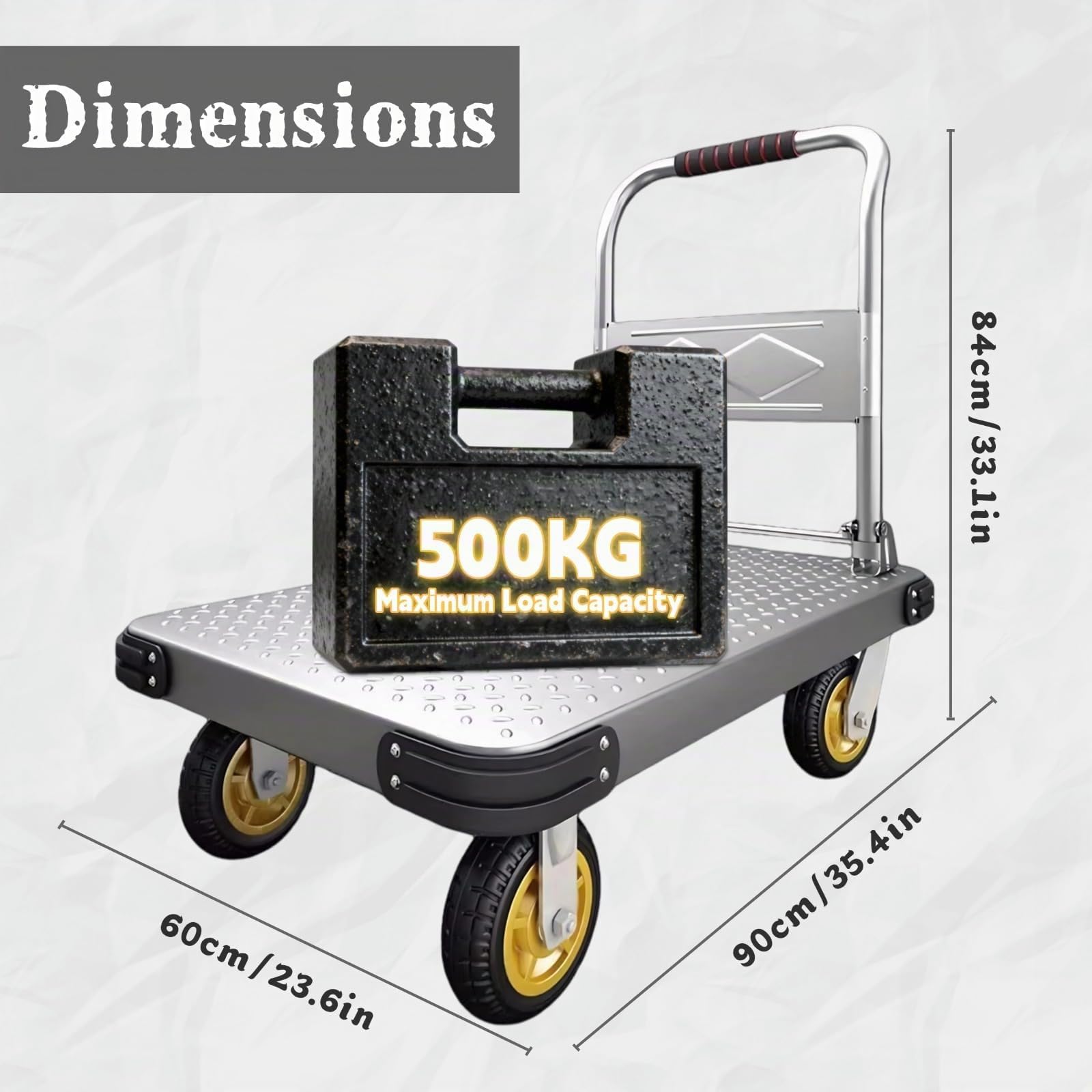 Diable Pliant Chariot à Main Pliant Robuste Chariot à Main 500kg Capacité De Charge Sac Brouette Chariot à Plat sur Roues(Size:90x60cm)