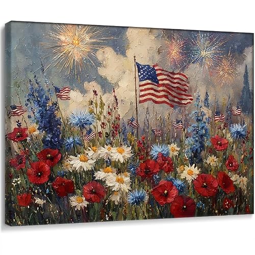 EVERLASTING STROKES American Flag Fireworks Canvas Wall Art Patriotic Red