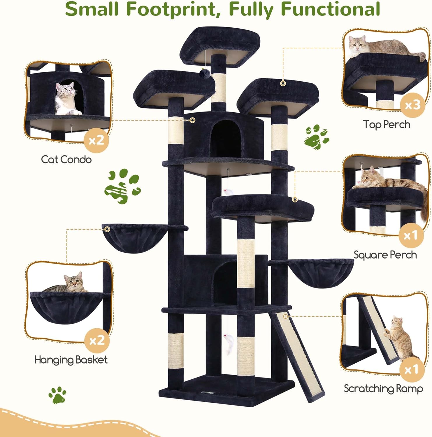 Diagram showing all components of the Globlazer F80H cat tree, including cat condos, perches, hanging baskets, and scratching ramp.