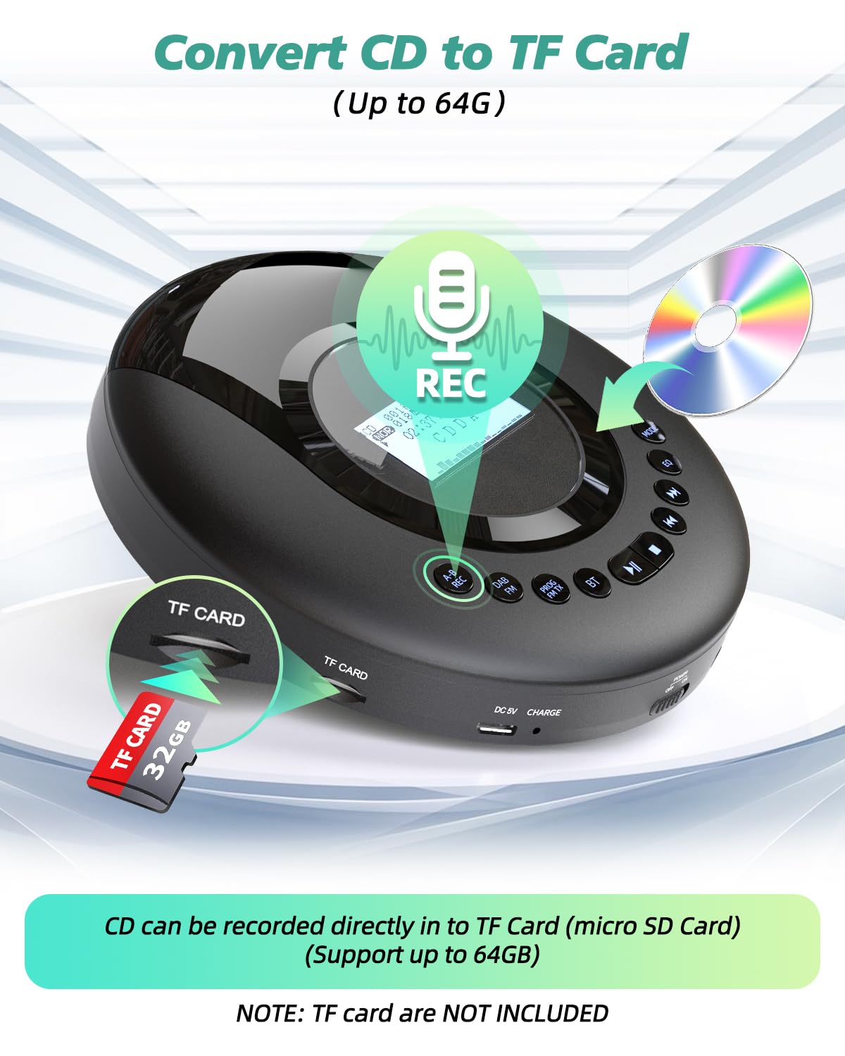 Arafuna Lecteur CD Portable - Discman - Radio Dab+/FM - CD, CD-R/RW, Lecteur CD Bluetooth avec Fonction Livre Audio - Antichoc - Batterie intégrée 2000 mAh - Noir