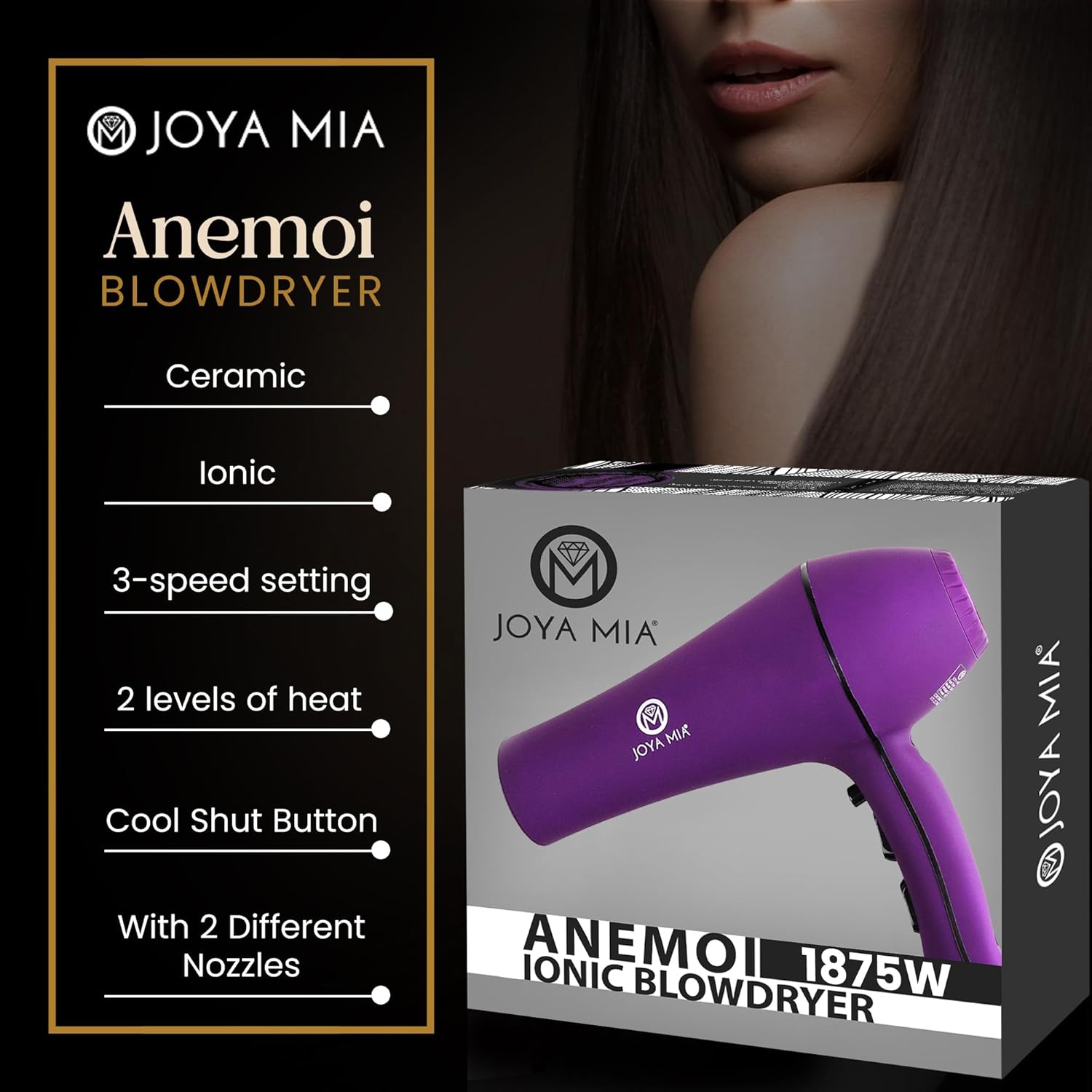 JOYA MIA Anemoi 1875W Ceramic Hair Dryer with Attachments - Lightweight & Portable for Women 3 Heat/2 Speed Settings with Cool Shot Ideal for Fine Curly Frizz-Prone Hair Salon Like Blowdryer - Purple