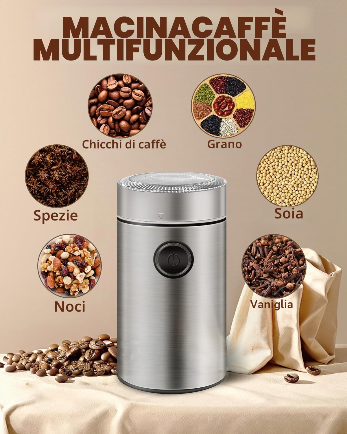 Macinacaffè Elettrico in Acciaio Inossidabile, 150W 22000 RPM Ad Alta Velocità, Capienza 50g, Macinino Compatto per Caffè, Noci, Spezie, Zucchero (9.7x9.7x17.8cm)