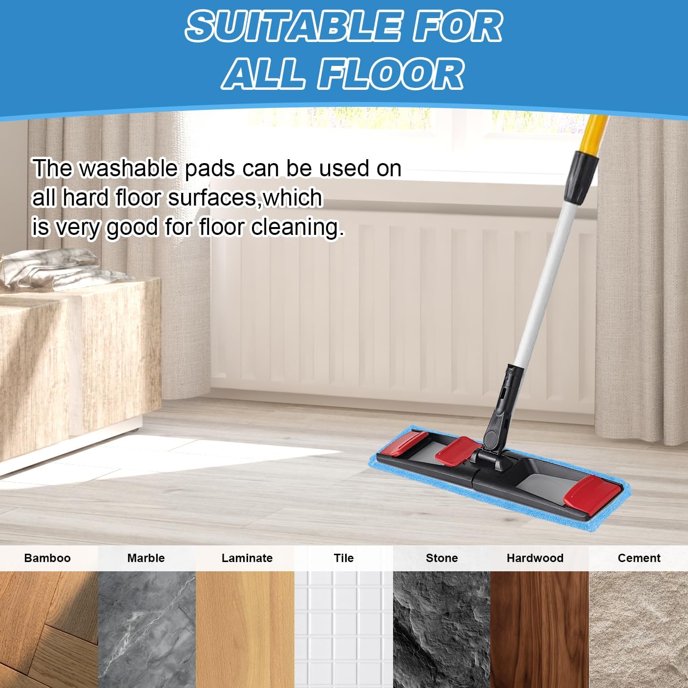 Replacement Flat Mop Pads Fit for Rubbermaid Commercial 18 Inch Adaptable Mops - 6 Pack Wet & Dry Microfiber Professional Cleaners Reusable Refills for Light-Duty Floor Cleaning- Blue