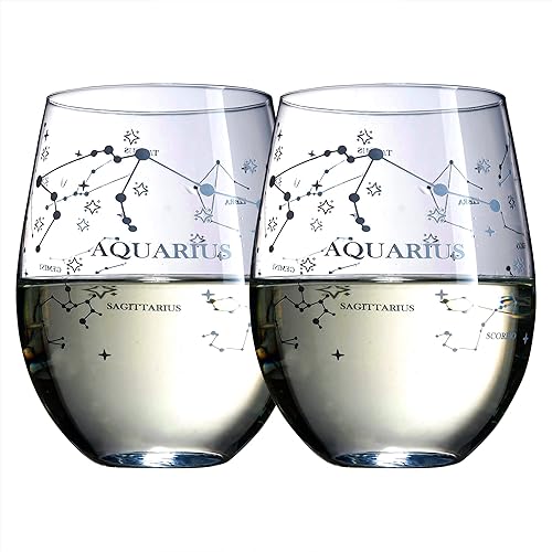 The Wine Savant Juego de 2 copas de vino con signo del zodiaco con 2 posavasos de madera, juego de vasos de astrología con constelación grabada para
