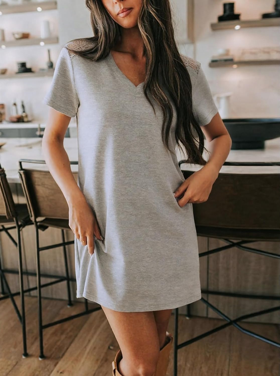 Cotton Nightgowns for Women V Neck Sleepshirt Short Sleeve Soft Sleepwear Nightdress