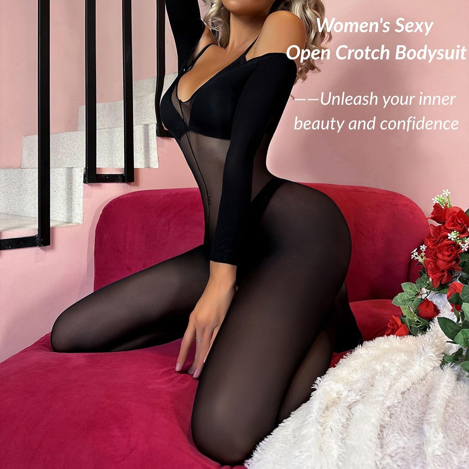 Women's See Through One Piece Lingerie Sheer Mesh Long Sleeve Bodysuit Naughty Fishnet Bodystocking Nightwear