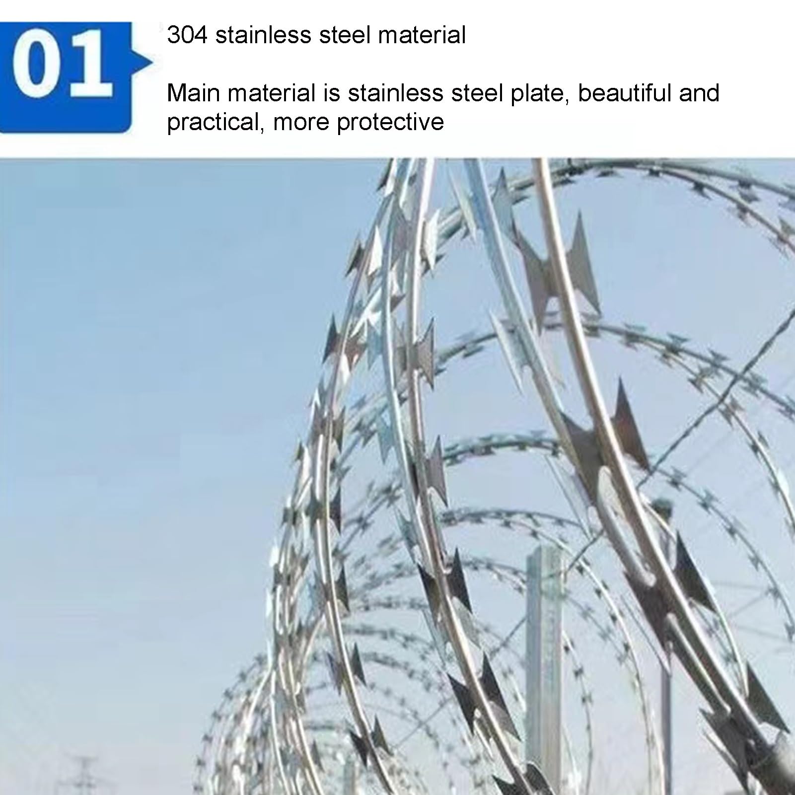 XLIHAWY Razor Ribbon Barbed Wire, 304 Stainless Steel Helical Barbed Roll Fence, Razor Wire Barbed Wire Coils for Yard Farm Factory Commercial(Silver-45cm/Single Spiral,100m)