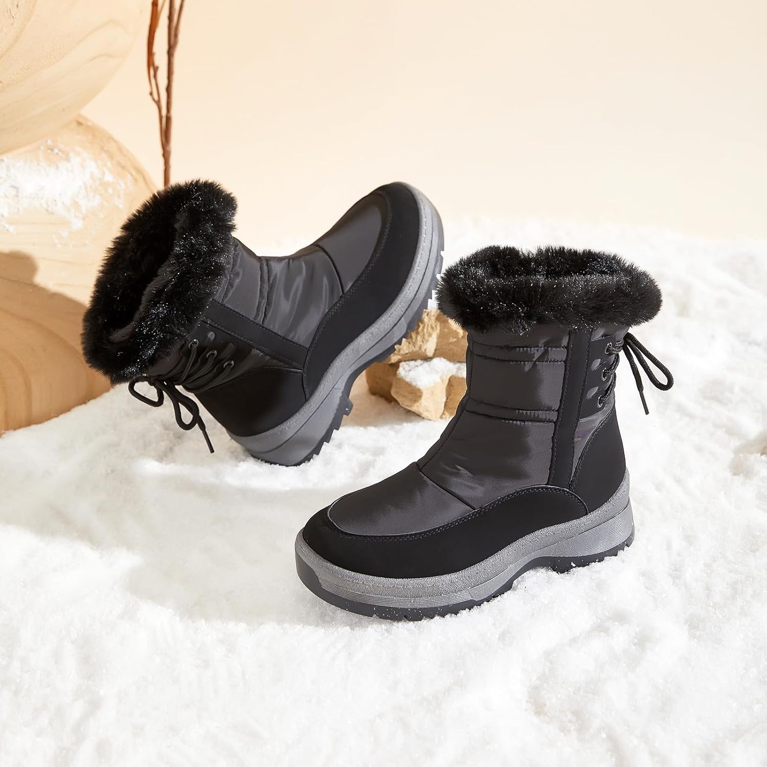 XRH Women's Black Waterproof Snow Boots Winter Mid Calf Fur Lined Boots for Women Non-Slip Fuzzy Platform Booties for Cold Weather - Image 6