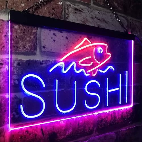 Miniatura 3 de Sushi Fish Sashimi Restaurant - Letrero de neón LED de doble color, rojo y azul, 24 x 16 pulgadas, st6s64-i3334-rb