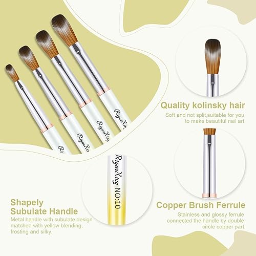 Miniatura 3 de Juego de 4 pinceles de uñas acrílicas, tamaño 481014. Cabello Kolinsky, pinceles de uñas acrílicas ovaladas prensadas prensadas, mango de metal