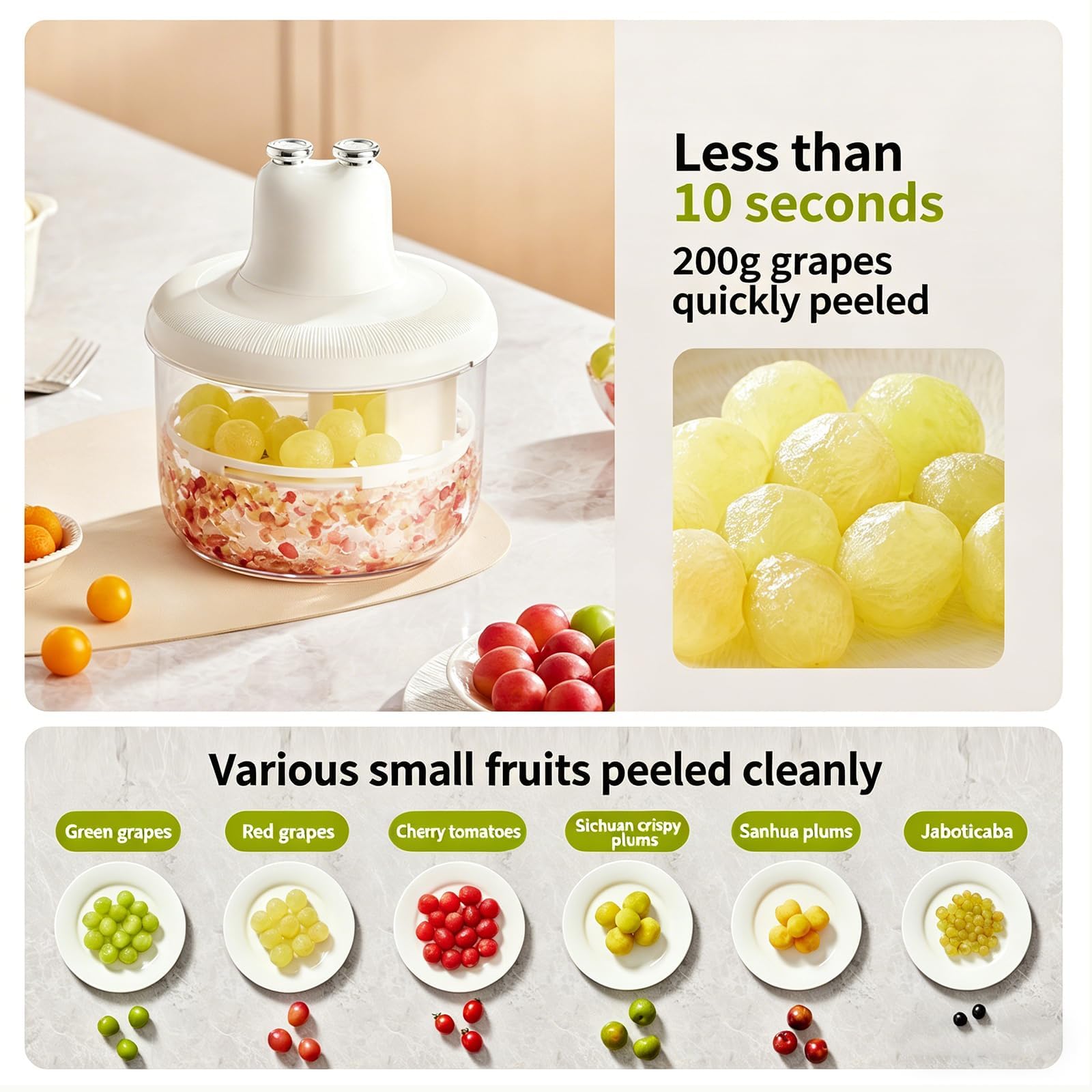 Peller Elettrico di Frutta, Macchina Automatica per La Bucciatura Dell'uva, modalità Doppia Continua/pulso, Bucciatura Rapida di 10 Secondi, Ricaricabile USB, per Uve, Prugne