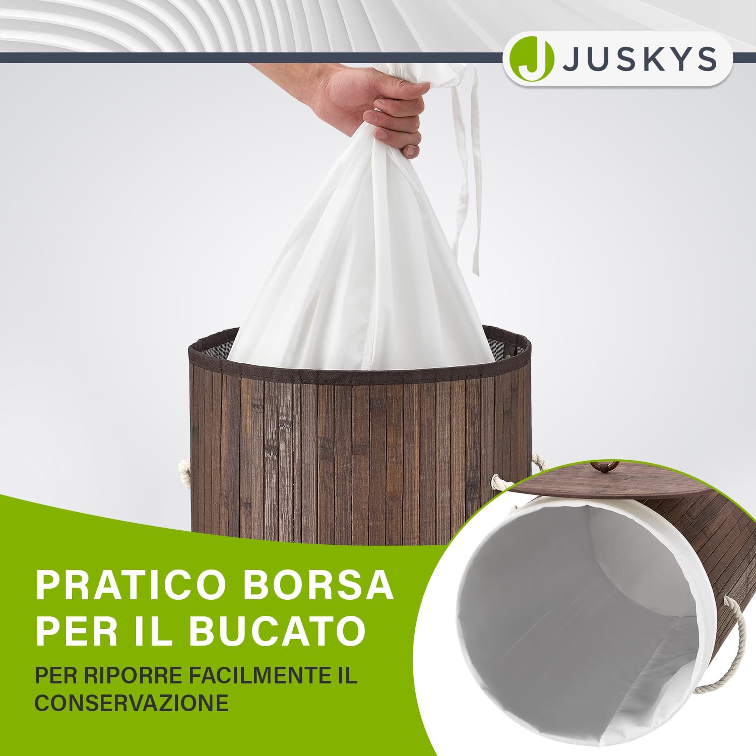 Juskys Cesto da bucato in bambù Curly-Round - capacità 55 litri - Cestino da biancheria con coperchio, maniglie di trasporto e sacca in tessuto - Cesto biancheria a 1 scomparto - marrone