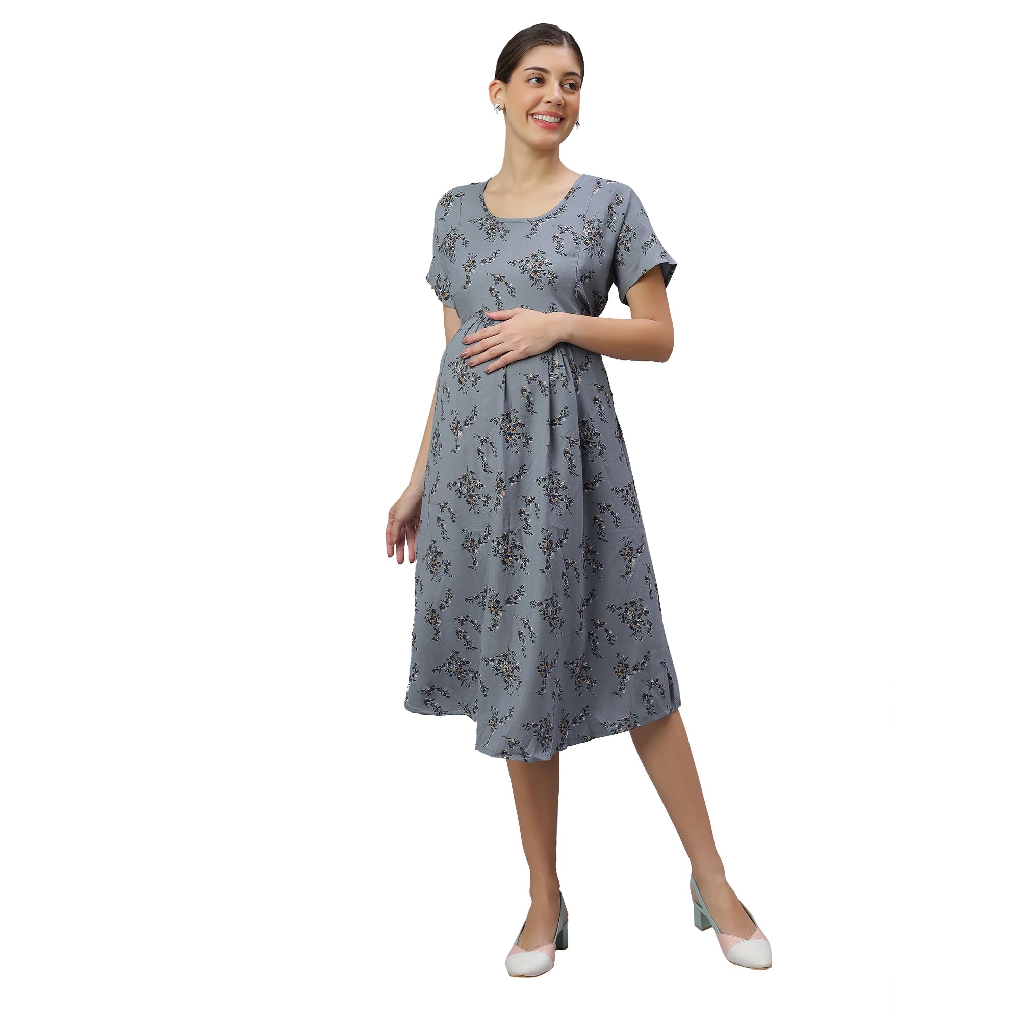 Nursing/Feeding Short Night Dress – Cotton Fabric with Hidden Zippers|Floral Print|Round Neck|Pre to Post Wear-image-36