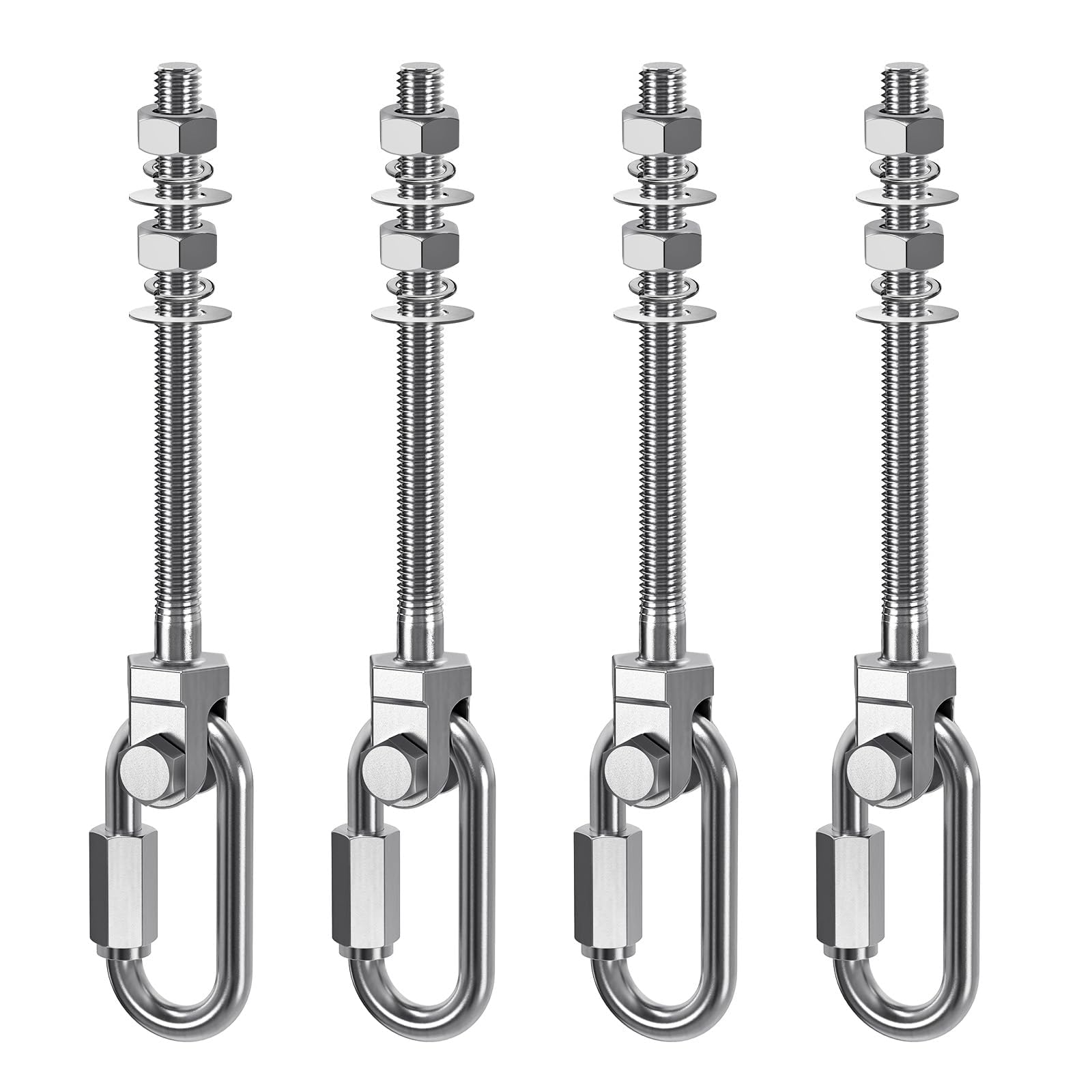 Dolibest 4pcs Swing Hanger, M10 x 128mm Heavy Duty Hammock Hook with Carabiner Hanging Chair Screw Eye Bolt Swivel Ceiling/Beam Mounting Bracket for Yoga Rope/Aerial Hoop/Punching Bag/Sandbag, 1500lbs — image 1