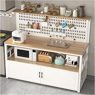 Kitchen Island - Estante de almacenamiento con panel trasero perforado y barra para encimera, color madera y blanco, 80 x 40 x 140 cm