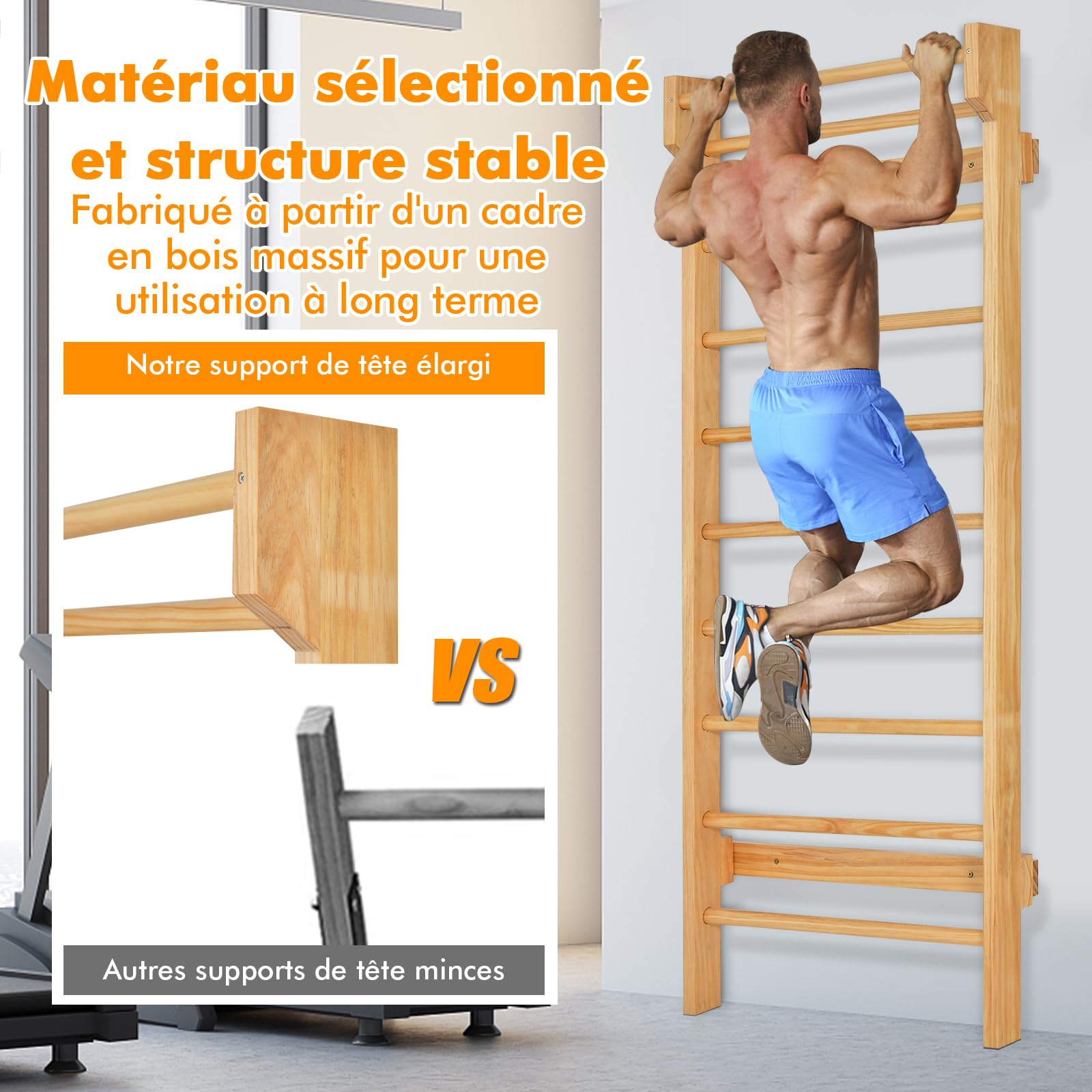 Jeu éducatif Motricité Échelle Suédoise UISEBRT - Espalier Gym Enfants/ Adultes - 100kg Charge - Bois Bouleau Mur Escalade Enfant