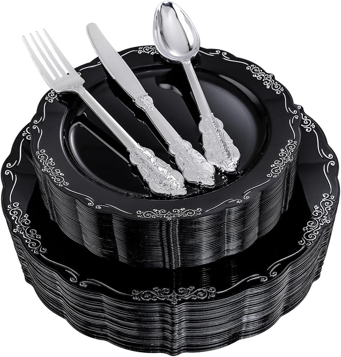 DaYammi 150 Pcs Black Silver Plastic Plates & Silver Plastic Silverware,Black silver Disposable plates for Include 30 Dinner Plate,30 Dessert Plate,30 Knives,30 Forks,30 Spoons for Party Wedding
