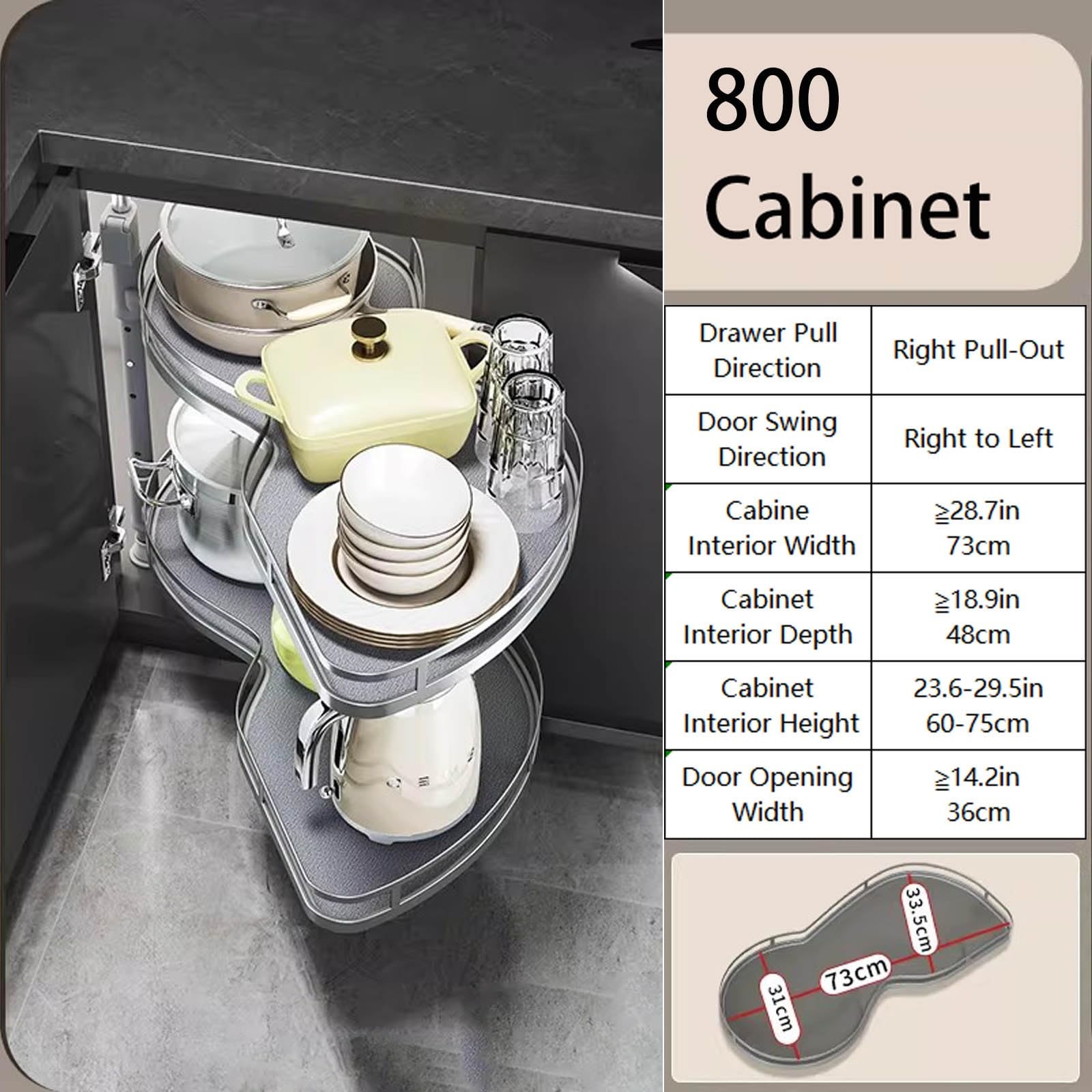 Lazy Susan d'angle coulissant à 2 niveaux pour armoires de cuisine Étagère peu encombrante pour coin oscillant gauche et droit (800 balançoires droites)