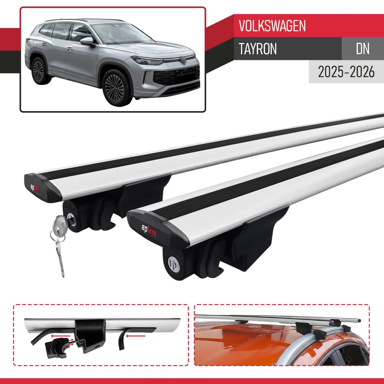 Kompatybilny z Compatible with Volkswagen Tayron 2025-2026 HOOK Model Aluminiowy bagażnik dachowy 2 poprzeczki, szary