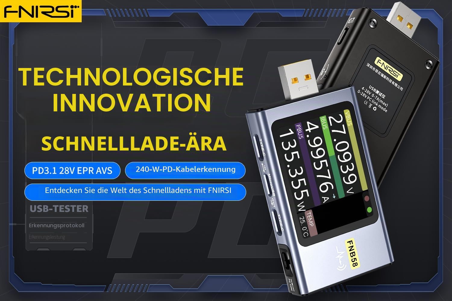Fnirsi USB-Tester, Lasterkennung, Digitales Voltmeter, Amperemeter, USB, Testen von Type-C, Schnellladeerkennung, Trigger- und Kapazitätsmessung (FNB58 mit Bluetooth)