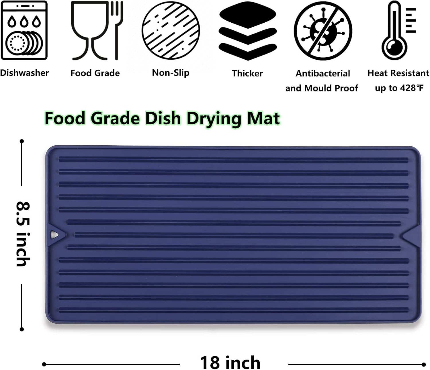 Small Silicone Dish Drying Mat, Long & Narrow, 8.5" x 18", Blue image 2