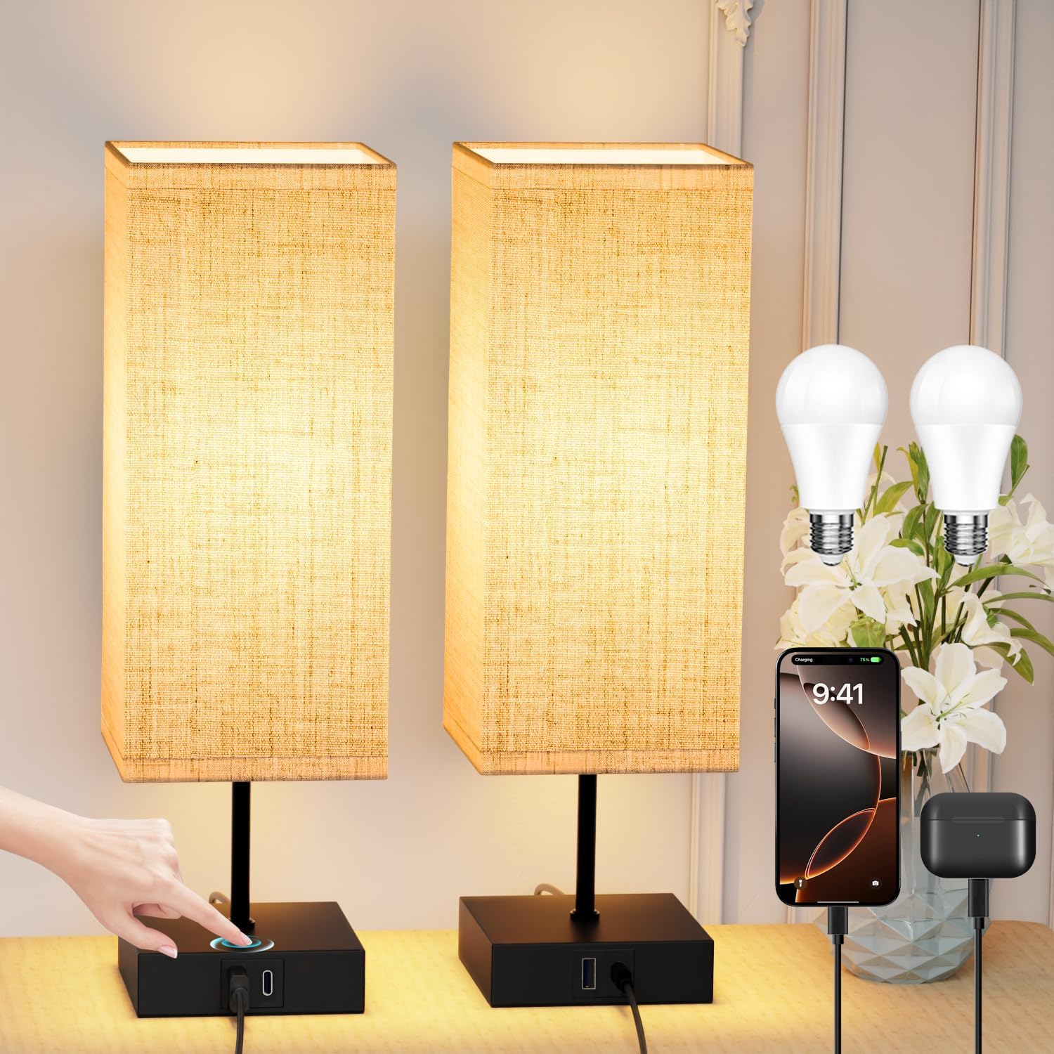Lampe de Chevet Lot de 2 - Lampe de Bureau avec Contrôle Tactile, Lampe Chevet Chambre avec 2 *Port USB, 3 Tons & 1-100% Gradation, Ampoule Incluses