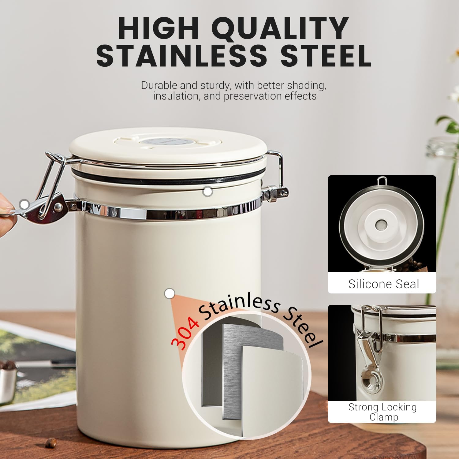 Airtight Coffee Container with Date Tracker & Spoon - Kitchen Storage Jar for Coffee Grounds, Cereal, Beans, Sugar (Black, 38OZ)