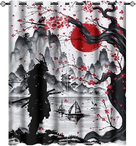 Cortinas opacas japonesas retro para dormitorio, tinta de acuarela, samurái, sol rojo, montaña, cerezo, flores, ojales, aislamiento térmico,