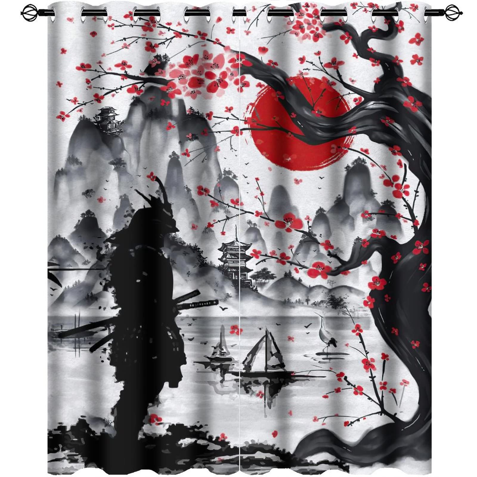 Retro Japanese Blackout Curtains for Bedroom,Watercolor Ink Samurai Red Sun Mountain Cherry Blossoms Grommet Thermal Insulated Room Darkening Curtains